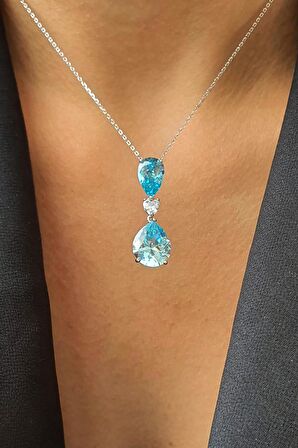 Aquamarin Taşlı 925ayar Gümüş Exclusive Küpe Kolye Set Takım