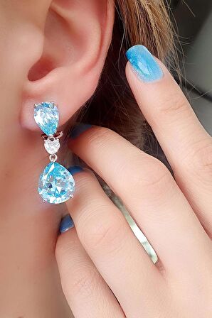 Aquamarin Taşlı 925ayar Gümüş Exclusive Küpe Kolye Set Takım