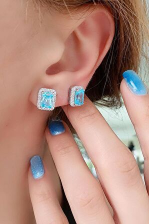 Aquamarin Taşlı 925ayar Gümüş Baget Tek Taş Küpe 