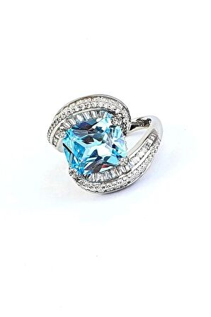 Pırlanta Parlaklığında Zirkon Taş Detaylı 925ayar Gümüş Aquamarin Taşlı Exclusive Yüzük