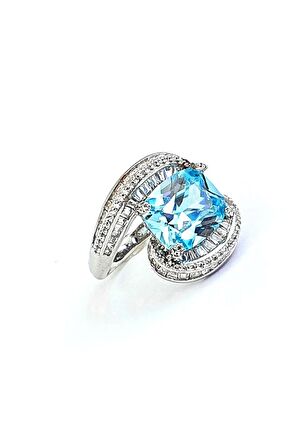 Pırlanta Parlaklığında Zirkon Taş Detaylı 925ayar Gümüş Aquamarin Taşlı Exclusive Yüzük