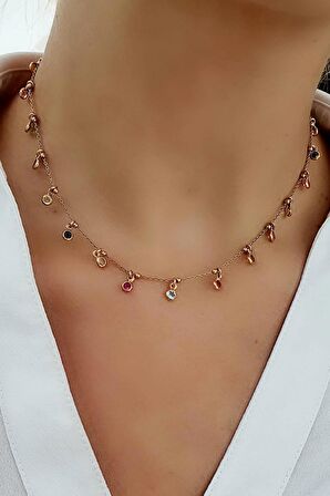 Swarovski Taşlı 925ayar Gümüş Üzerine Rose Altın Kaplama Renkli Kolye 