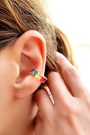 Renkli Zirkon Taşlı 925ayar Gümüş Tarz Sıkıştırmalı Kıkırdak Earcuff Küpe 