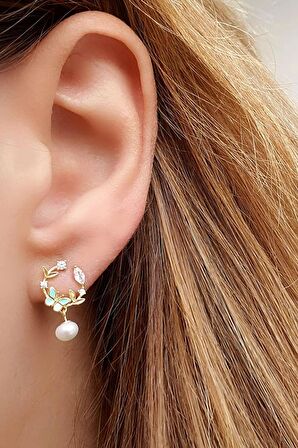 Mavi mineli İnci Detaylı 925ayar Gümüş üzerine Altın Kaplama Tasarım El İşi Küpe