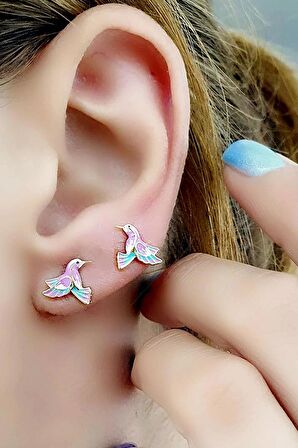 Pembe  mineli 925ayar Gümüş Üzerine Altın Kaplama El İşi Tasarım Totem Kuşu Küpe