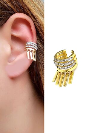 Zirkon Taş Detaylı 925ayar Gümüş Üzerine Altın Kaplama Tasarım Sıkıştırmalı Earcuff Kıkırdak Küpesi 