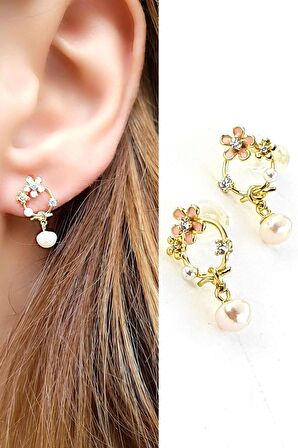 Pembe mineli İnci Detaylı 925ayar Gümüş üzerine Altın Kaplama Tasarım El İşi Küpe