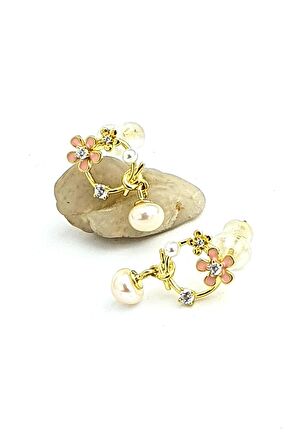 Pembe mineli İnci Detaylı 925ayar Gümüş üzerine Altın Kaplama Tasarım El İşi Küpe