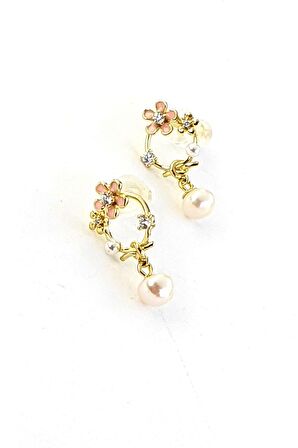 Pembe mineli İnci Detaylı 925ayar Gümüş üzerine Altın Kaplama Tasarım El İşi Küpe