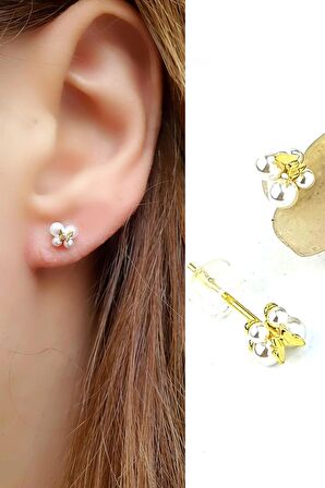 İncili 925ayar Gümüş Üzerine Altın Kaplama Tasarım  Minimal El İşi Kelebek Küpe