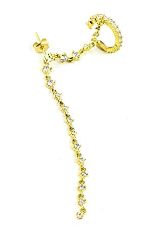 Zirkon Taş Detaylı 925ayar Gümüş Üzerine Altın Kaplama Kıkırdak Earcuff Zincir Küpe 