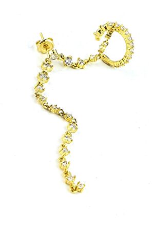 Zirkon Taş Detaylı 925ayar Gümüş Üzerine Altın Kaplama Kıkırdak Earcuff Zincir Küpe 