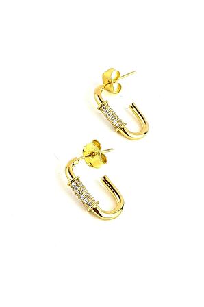 Zirkon Taş Detaylı 925ayar Gümüş Üzerine Altın Kaplama Tasarım Oval Küpe 