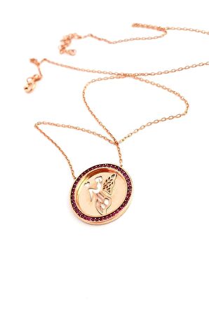 Pembe Zirkon Taşlı 925ayar Gümüş Üzerine Rose Altın Kaplama Su Perisi Figürlü Madalyon Kolye