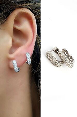 Zirkon Taş Detaylı 925ayar Gümüş Bombeli Minimal Kare Trend Halka Küpe 