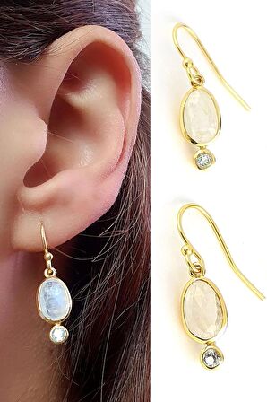 Ay Taşı ve Aquamarin Taşlı 925ayar Gümüş Üzerine Altın Kaplama Tasarım Doğal Taş Küpe