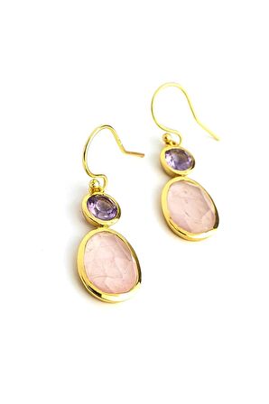 Pembe Kuvars  ve Ametist Taşlı 925ayar Gümüş Üzerine Altın Kaplama Tasarım Doğal Taş Küpe