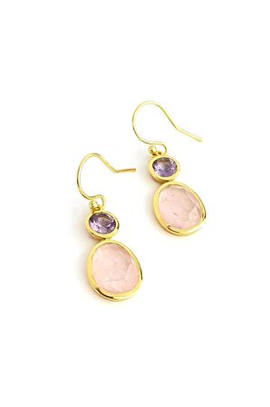 Pembe Kuvars  ve Ametist Taşlı 925ayar Gümüş Üzerine Altın Kaplama Tasarım Doğal Taş Küpe