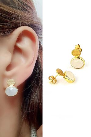 AyTaşlı 925ayar Gümüş Üzerine Altın Kaplama Tasarım Doğal Taş Küpe 