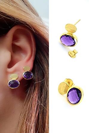 Ametist Taşlı 925ayar Gümüş Üzerine Altın Kaplama Tasarım Doğal Taş Küpe 