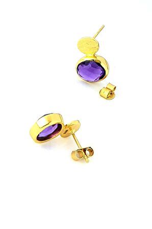 Ametist Taşlı 925ayar Gümüş Üzerine Altın Kaplama Tasarım Doğal Taş Küpe 