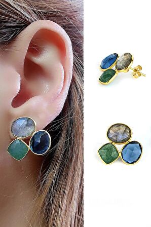 Labrodorite Kök zümrüt ve zirkon Taşlı 925ayar Gümüş Üzerine Altın Kaplama Tasarım Doğal Taş Küpe 