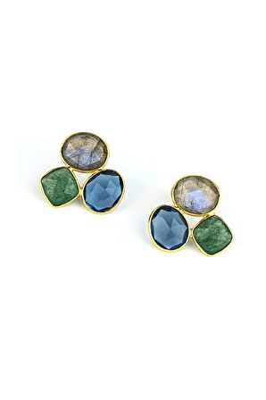 Labrodorite Kök zümrüt ve zirkon Taşlı 925ayar Gümüş Üzerine Altın Kaplama Tasarım Doğal Taş Küpe 