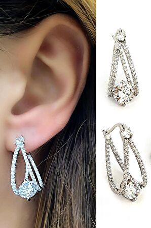 Pırlanta Parlaklığında Zirkon Taşlı 925ayar Gümüş Tasarım Halka Küpe