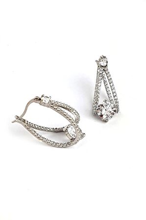 Pırlanta Parlaklığında Zirkon Taşlı 925ayar Gümüş Tasarım Halka Küpe