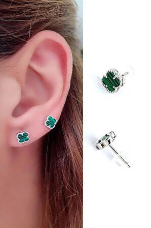 Malakit Taşlı 925 ayar Gümüş Yonca Küpe