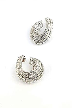 Pırlanta Parlaklığında Zirkon Taşlı 925ayar Gümüş İtalyan Tasarımı Lüks Sarmal Küpe 