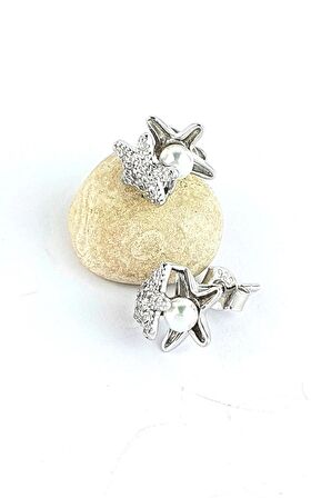 Deniz Yıldızı Figürlü 925 ayar Gümüş Tasarım İnci Küpe