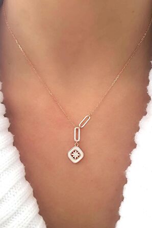 Sedef Taşlı Kutup Yıldızı Figürlü 925ayar Gümüş Üzerine Rose Altın Kaplama  İtalyan Kolye 