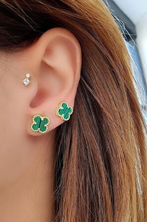 Yeşil Malakit Taşlı 925ayar Gümüş Üzerine Altın Kaplama Yonca Küpe 