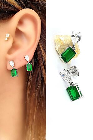 Pırlanta Parlaklığında Yeşil Zirkon Taşlı 925 ayar Gümüş Şık Küpe