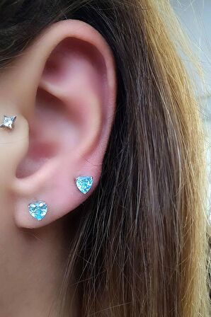 Sky Diamond Blue Aquamarin Taşlı Minimal Kalp Küpe 