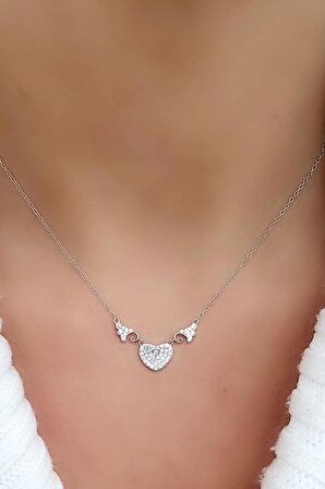 Sky Diamond Taşlı 925ayar Gümüş Üzerine Beyaz Altın Kaplama Aşkın Kanatları Şık Kalp Melek kanadı kolye 