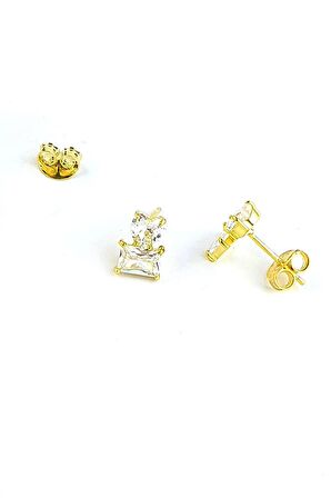 Pırlanta Parlaklığında Zirkon Taşlı 925ayar Gümüş Üzerine Altın Kaplama Tasarım Kalp Baget Küpe