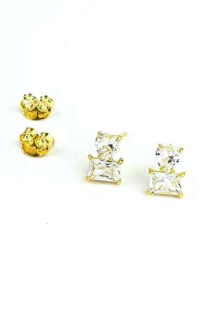 Pırlanta Parlaklığında Zirkon Taşlı 925ayar Gümüş Üzerine Altın Kaplama Tasarım Kalp Baget Küpe