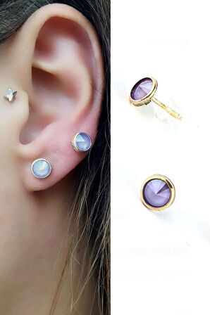 Lila Swarovski Taşlı 925ayar Gümüş Üzerine Altın Kaplama Top Küpe 