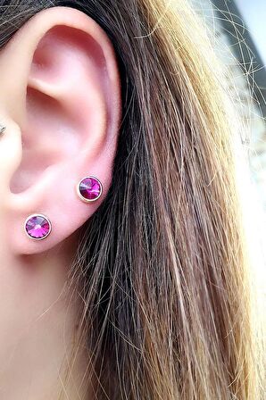 Pembe Swarovski Taşlı 925ayar Gümüş Üzerine Altın Kaplama Top Küpe 