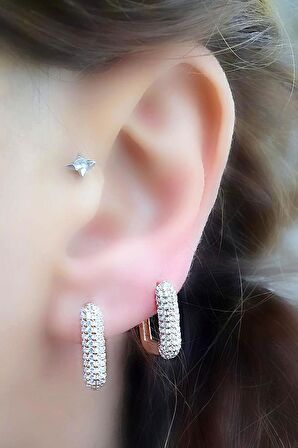 Zirkon Taş Detaylı 925ayar Gümüş Üzerine Rose Altın Kaplama Bombeli Dikdörtgen Halka Küpe