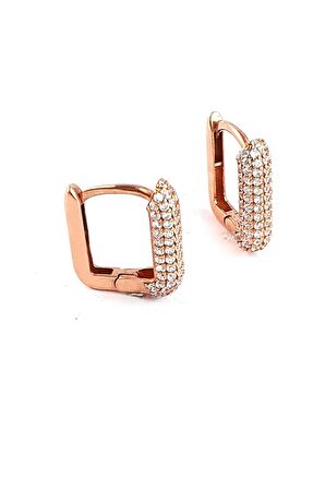 Zirkon Taş Detaylı 925ayar Gümüş Üzerine Rose Altın Kaplama Bombeli Dikdörtgen Halka Küpe