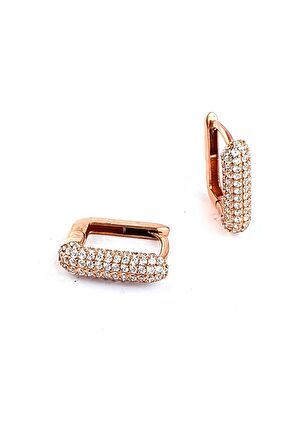 Zirkon Taş Detaylı 925ayar Gümüş Üzerine Rose Altın Kaplama Bombeli Dikdörtgen Halka Küpe