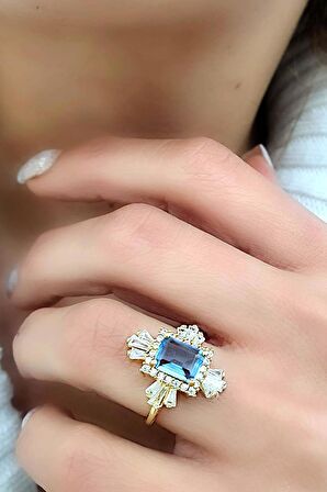 Baget Aquamarin ve zirkon taşlı 925ayar gümüş üzerine altın kaplama tasarım tek taş yüzük 