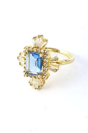 Baget Aquamarin ve zirkon taşlı 925ayar gümüş üzerine altın kaplama tasarım tek taş yüzük 