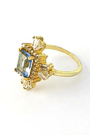 Baget Aquamarin ve zirkon taşlı 925ayar gümüş üzerine altın kaplama tasarım tek taş yüzük 