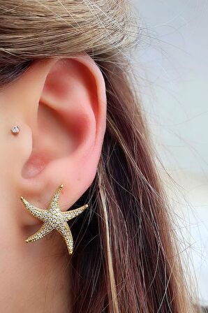 Zirkon Taş Detaylı 925ayar Gümüş Üzerine Altın Kaplama İtalyan Deniz Yıldızı Figürlü Küpe