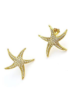 Zirkon Taş Detaylı 925ayar Gümüş Üzerine Altın Kaplama İtalyan Deniz Yıldızı Figürlü Küpe