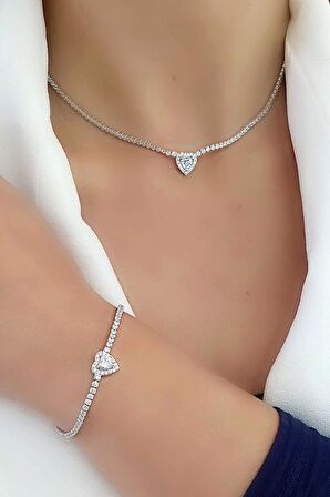 Beyaz zirkon Taşlı 925ayar Gümüş Su Yolu Bileklik Kolye Set takım kolye